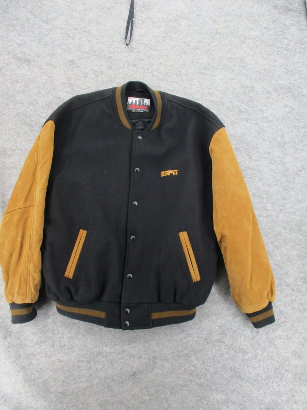 ESPN Letterman Varsity Jacket Mens Extra Large Black Brown Relaxed Wool Leather